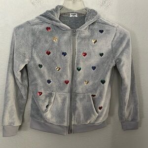 💙🩵🩷SUPER SOFT HOODIE ZIPPER SWEATSHIRT LT GREY W/SEQUIN HEARTS GIRLS SZ 10-12